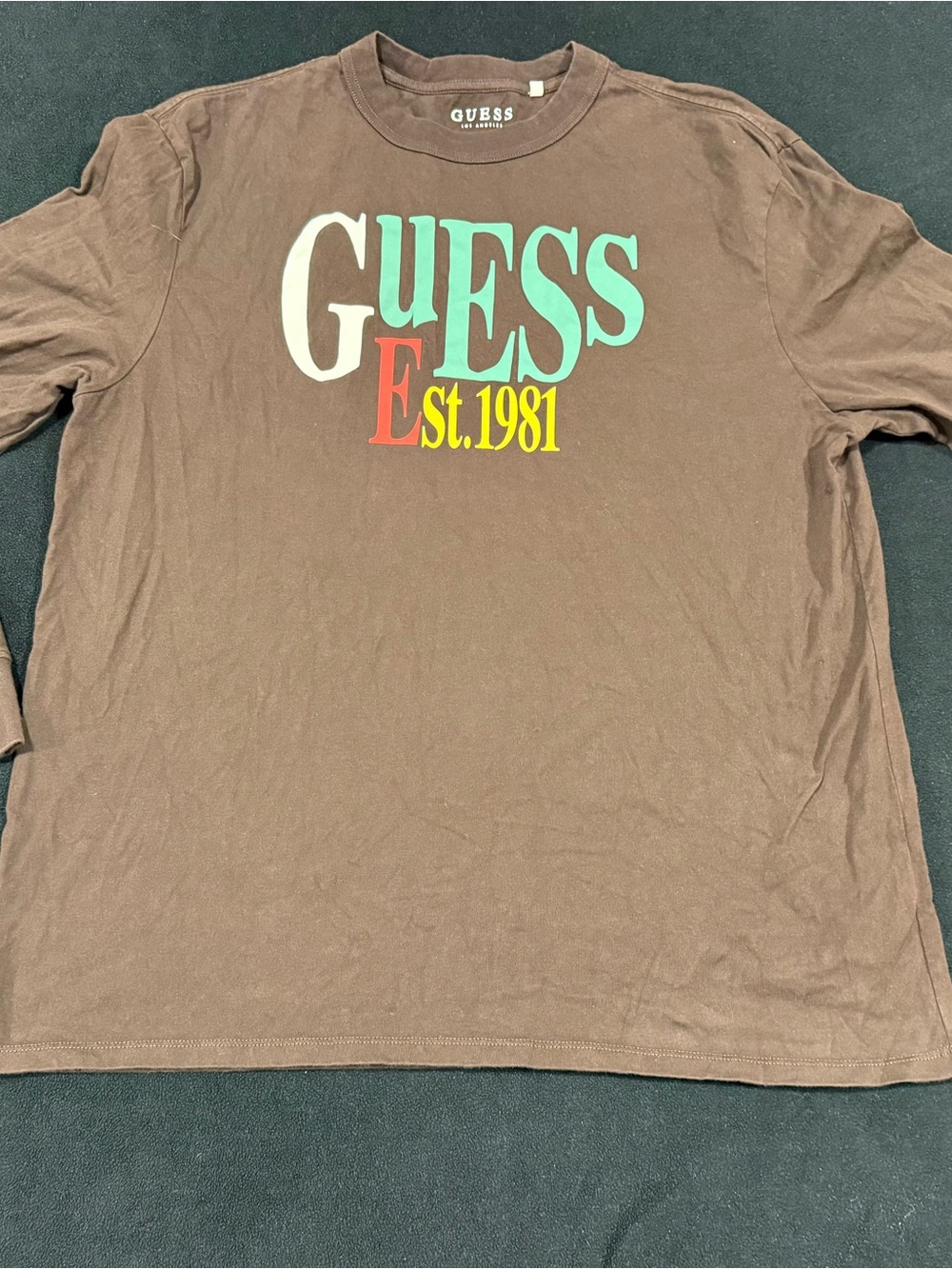 GUESS Brown Long Sleeve Tee with Multicolor Logo